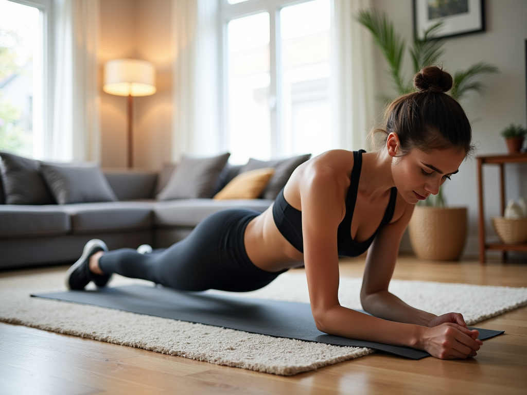 O persoană care face exercițiul plank în sufragerie, concentrându-se pe forța abdomenului.