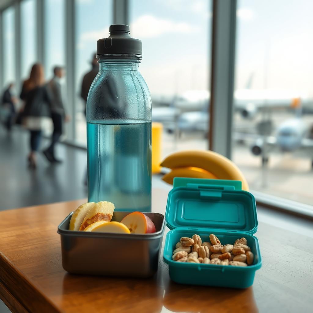 O sticlă de apă reutilizabilă și o cutie cu mere tăiate, banane și nuci, așezate pe o masă de lemn într-un lounge de aeroport, cu avioane vizibile pe fundal.