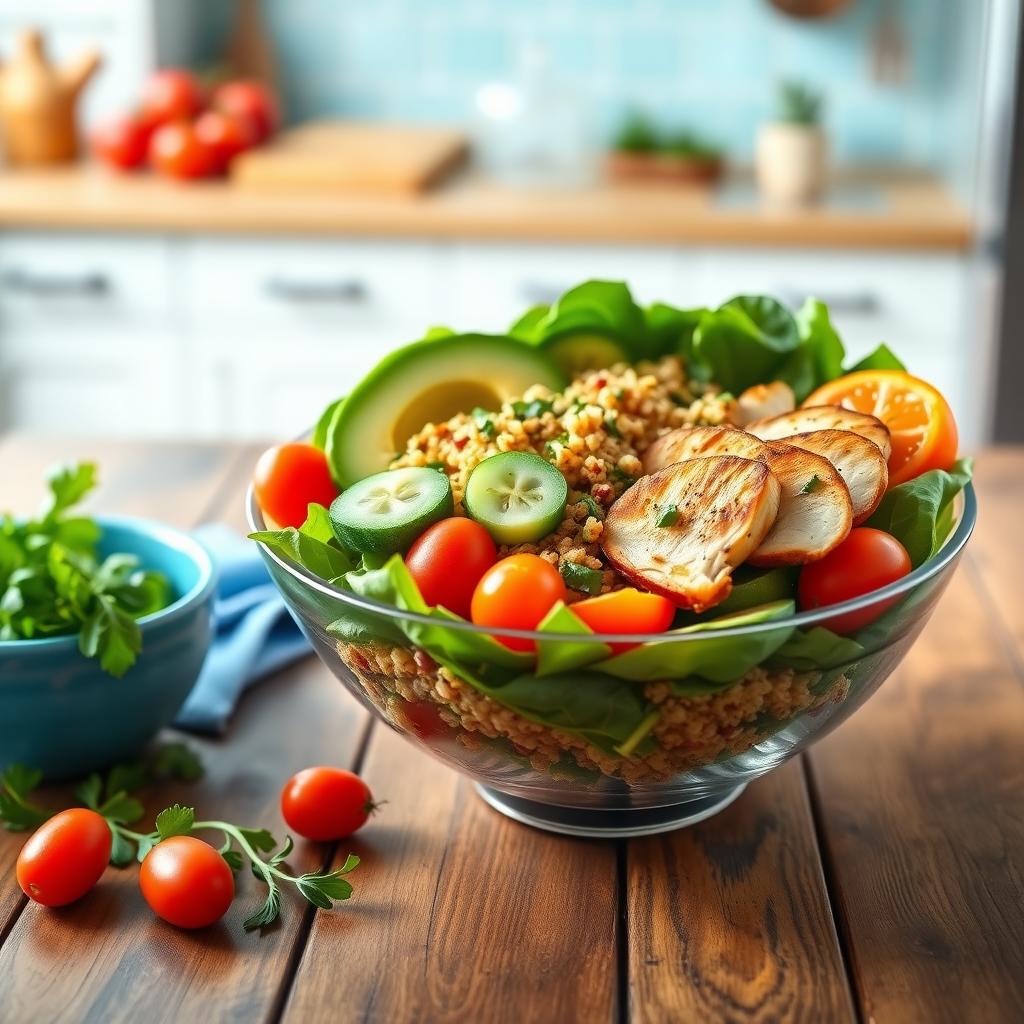 Salată colorată cu roșii cherry, castraveți, avocado, spanac, pui la grătar și quinoa, așezată pe o masă rustică din lemn.