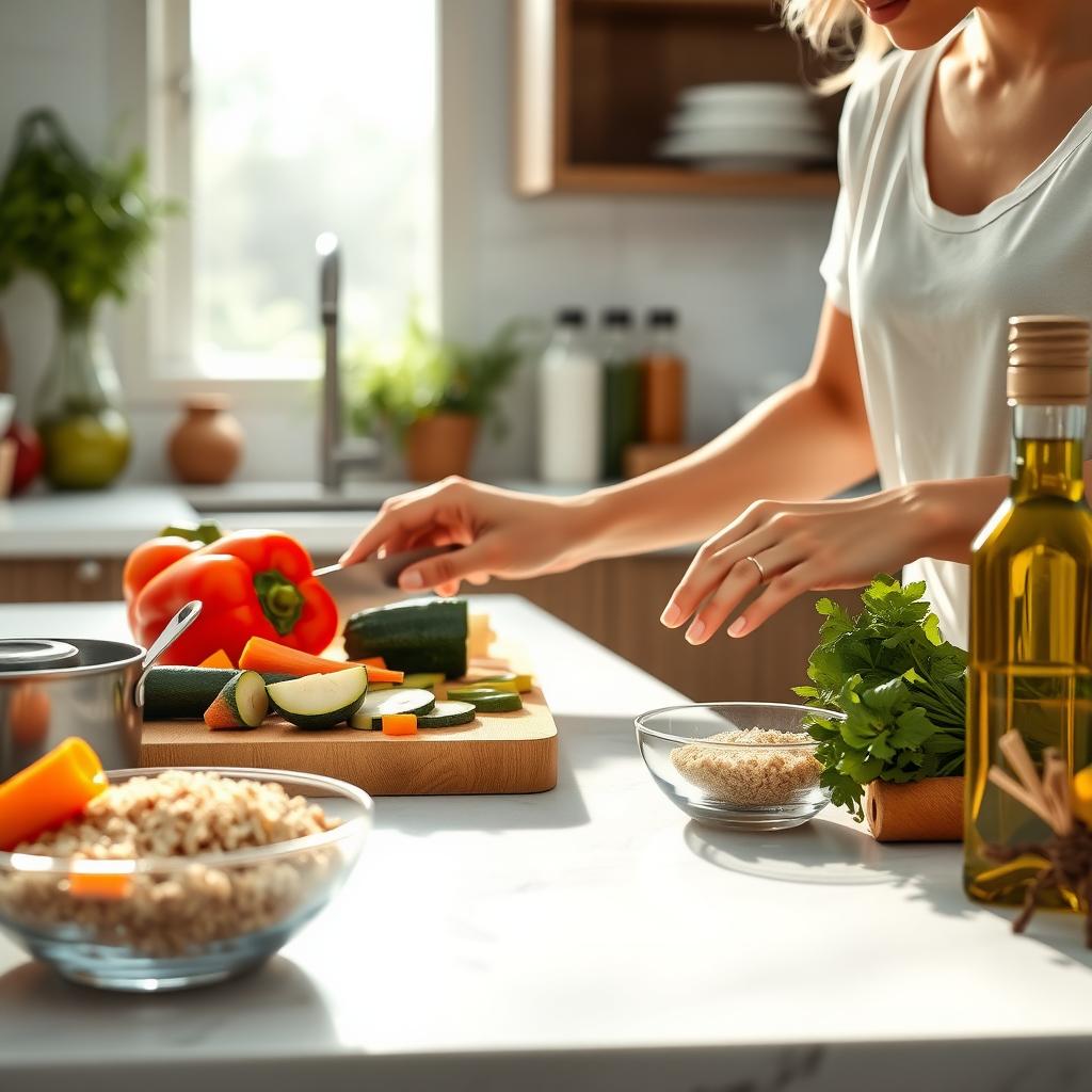 O persoană care taie legume colorate, precum ardei gras, dovlecei și morcovi, pe o tocătoare din lemn, într-o bucătărie modernă, cu ingrediente proaspete și lumină naturală care pătrunde pe fereastră.