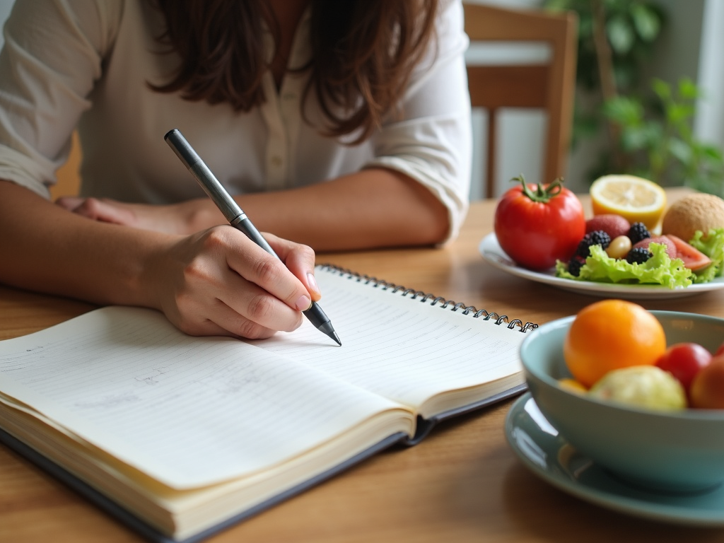 Imagine a unei persoane care scrie într-un jurnal alimentar cu o masă sănătoasă pe masă.