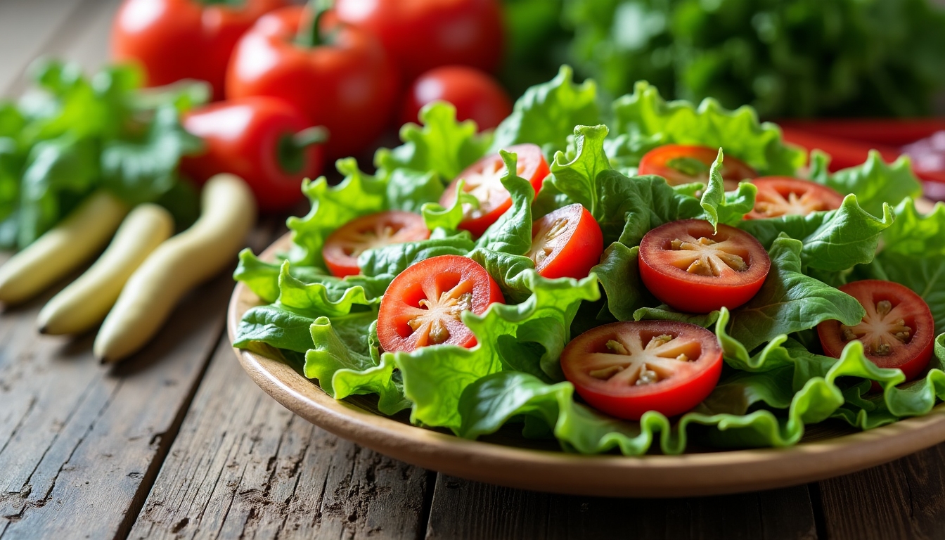 Meniu sănătos cu salată și vitamine pe o masă de lemn.