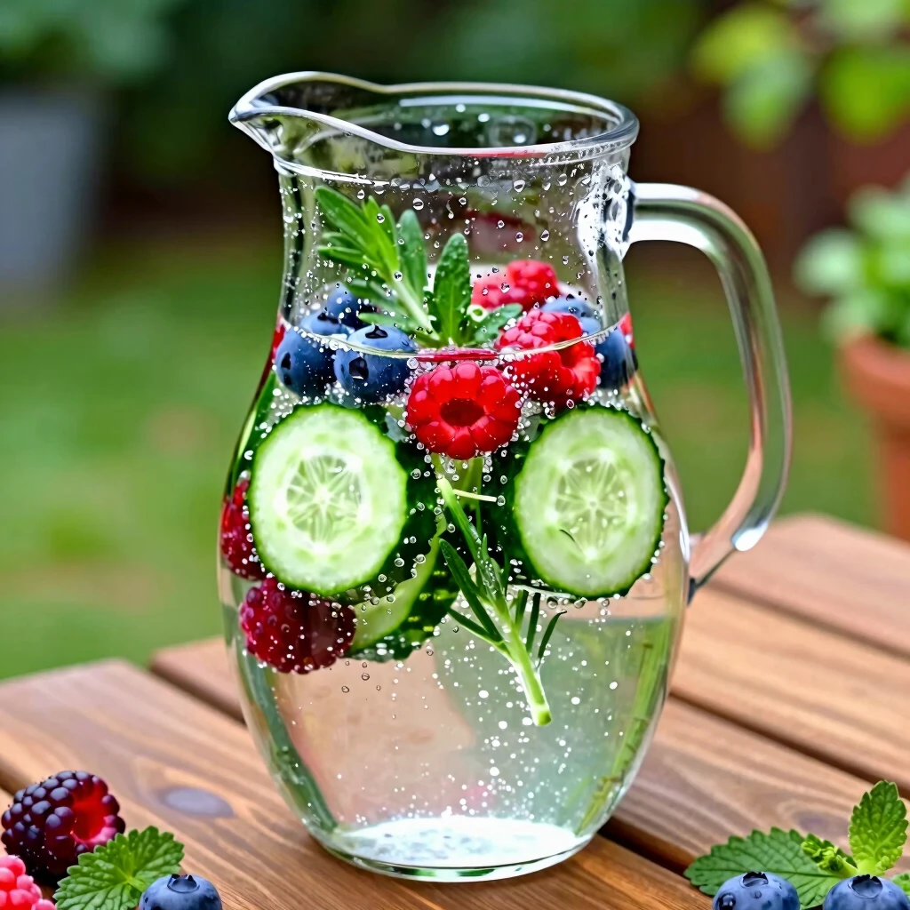 Cană cu apă infuzată cu castraveți și fructe de pădure pentru detoxifiere naturală