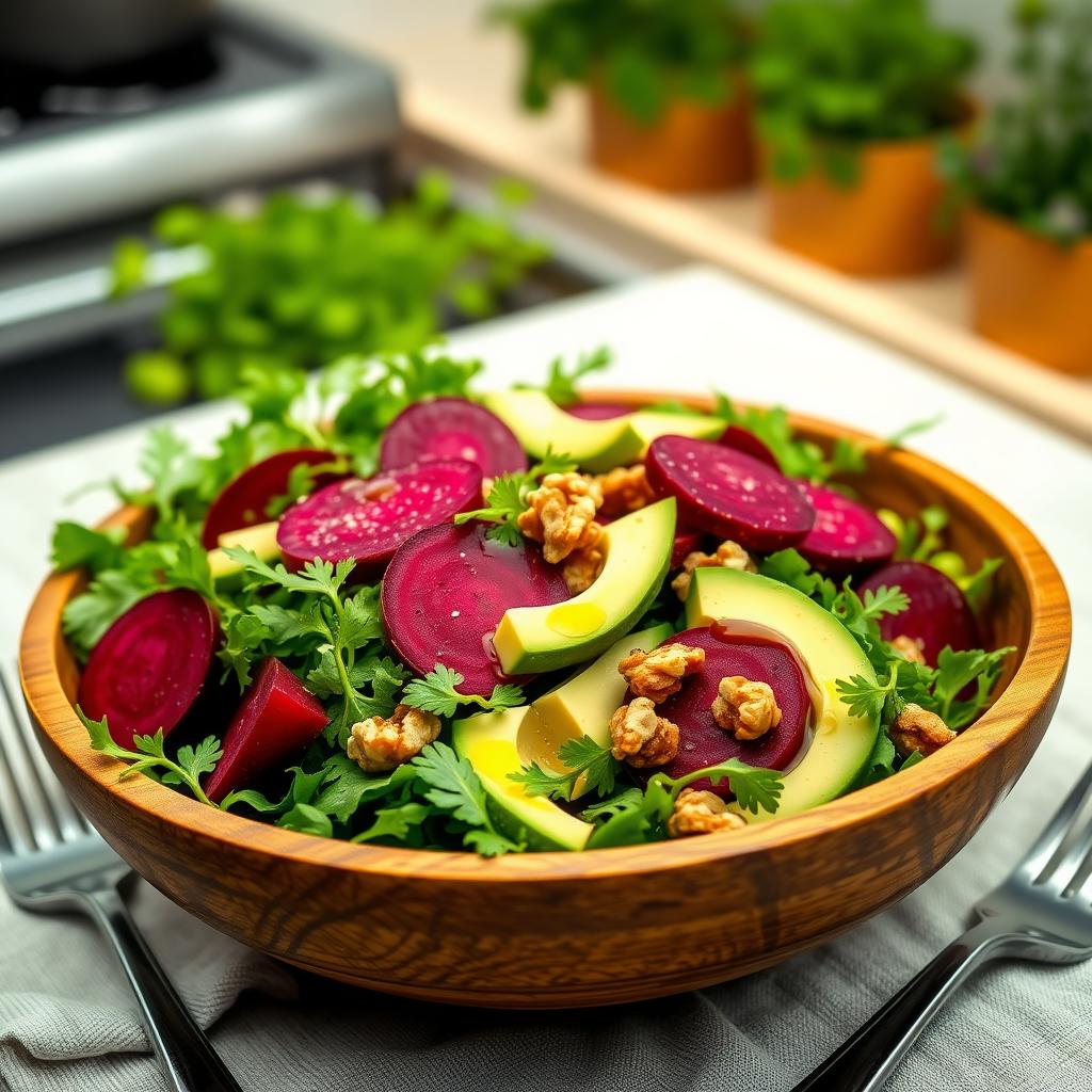 Salată detoxifiantă într-un bol rustic de lemn, cu felii de sfeclă roșie, rucola verde, bucăți de avocado și nuci, stropită cu ulei de măsline, pe o față de masă din in, cu un fundal de bucătărie.