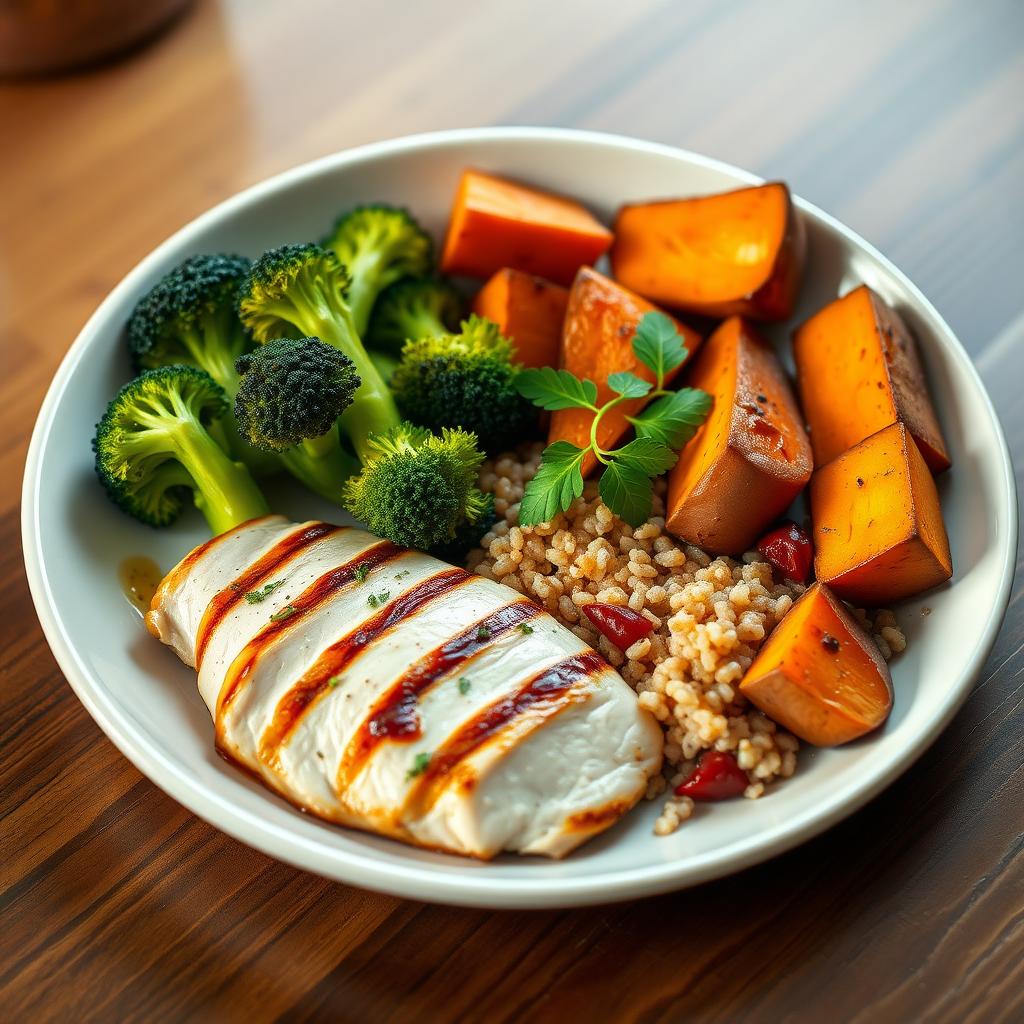 O farfurie cu o masă echilibrată, conținând piept de pui la grătar, broccoli fiert, cartofi dulci copți și o porție mică de quinoa, decorată cu ierburi proaspete pe o masă din lemn.