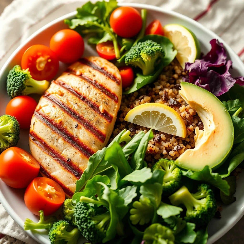 Farfurie echilibrată cu legume, proteine slabe și carbohidrați complecși