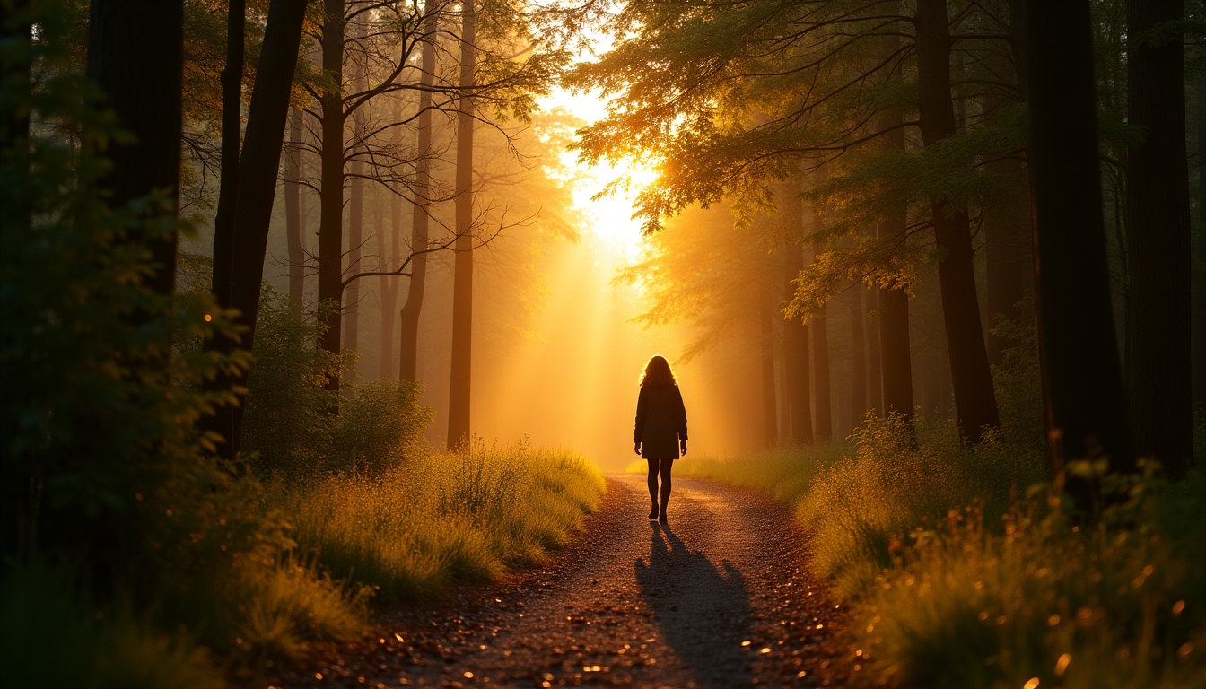 O persoană merge pe un traseu liniștit prin pădure la răsărit, cu lumina aurie strecurându-se printre copaci.