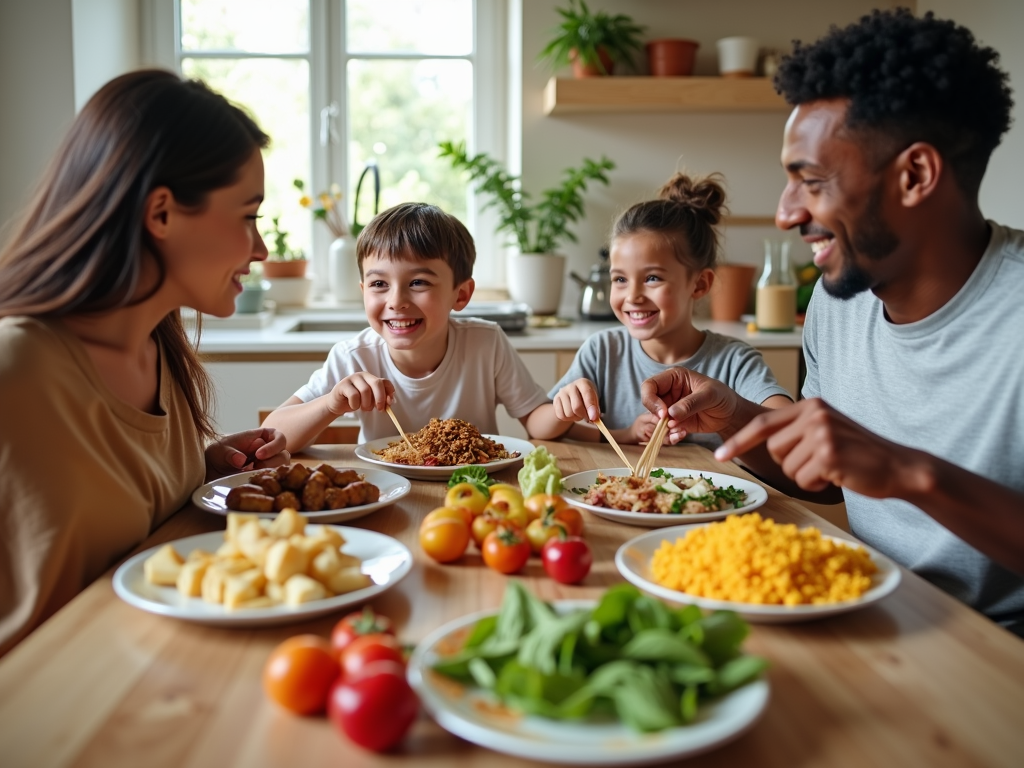 Familie fericită savurând o masă sănătoasă împreună