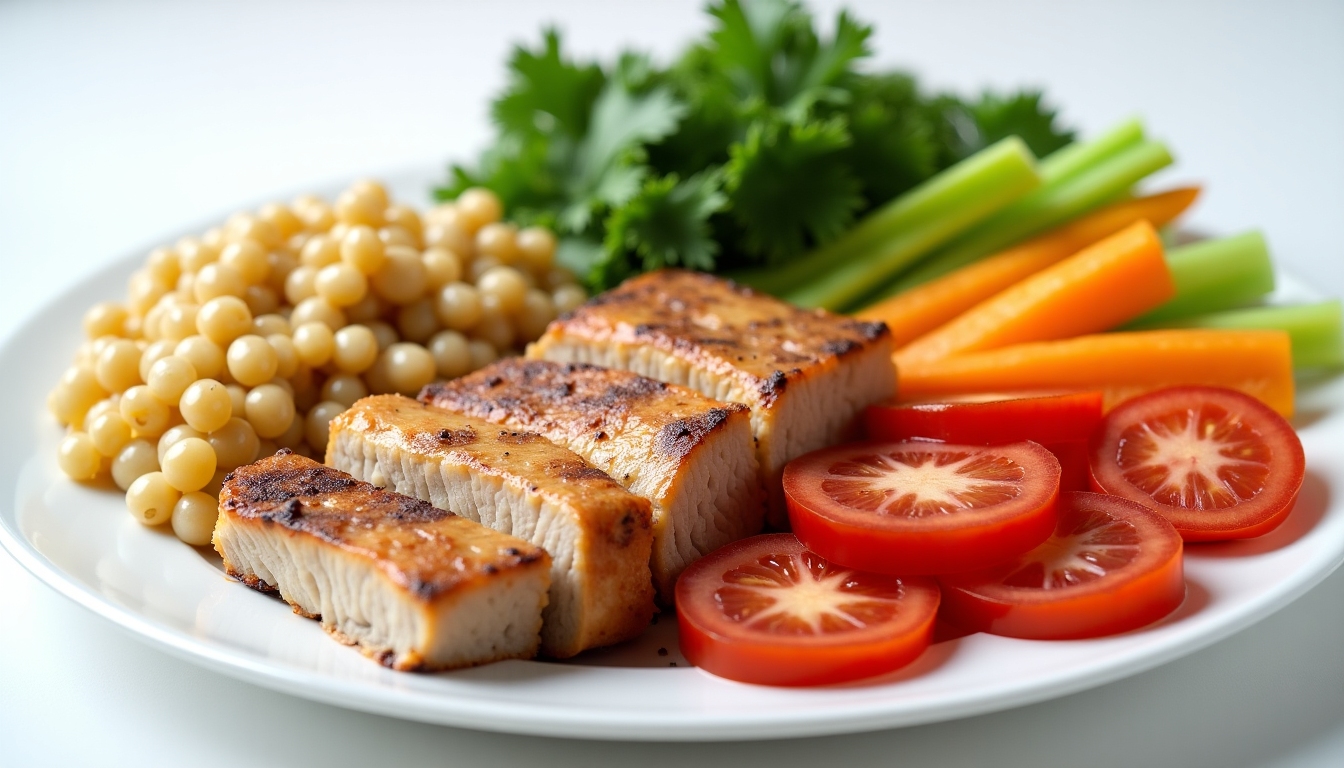O masă sănătoasă cu porții controlate, incluzând o proteină, un carbohidrat complex și legume.