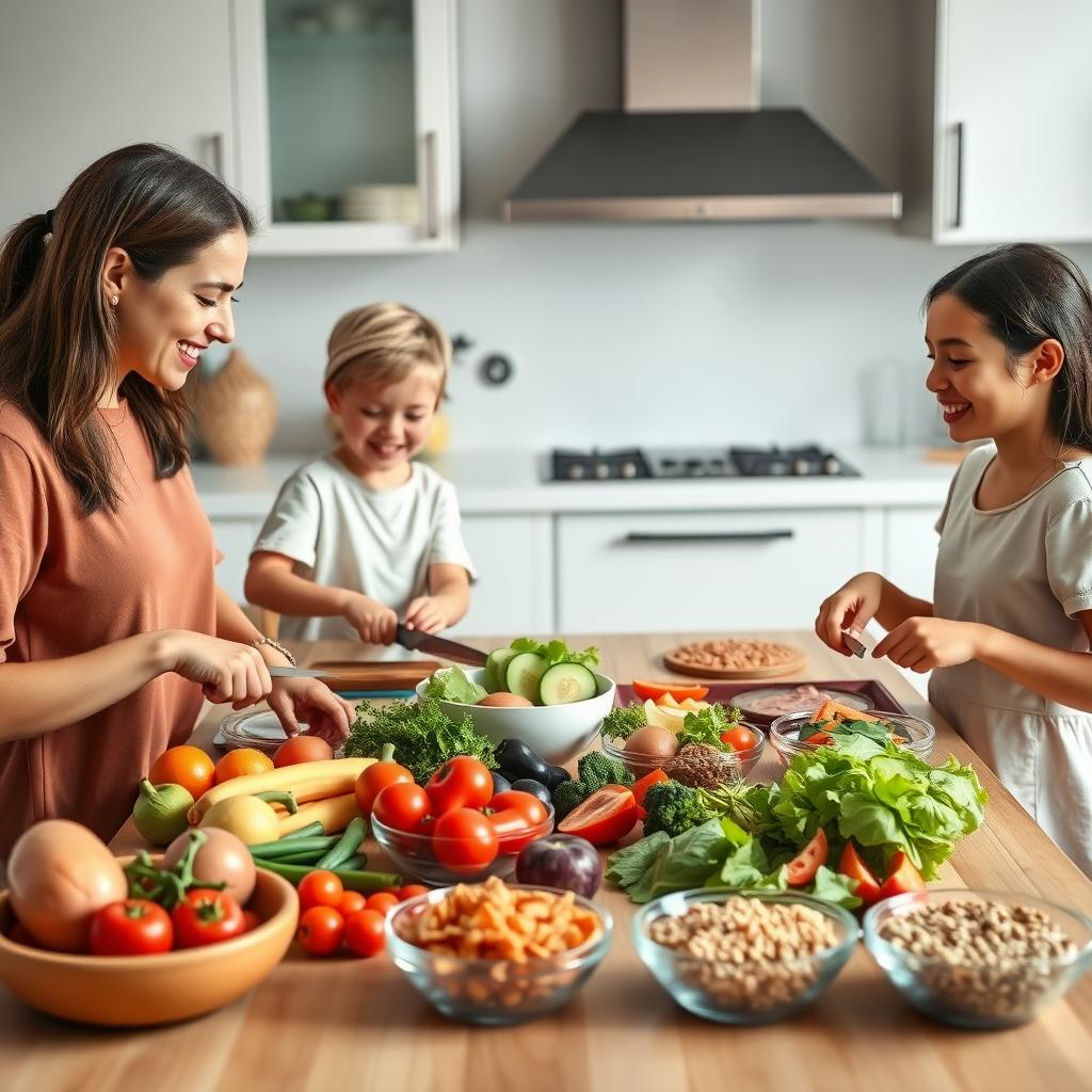 Familie veselă pregătind o masă sănătoasă împreună într-o bucătărie modernă, cu legume proaspete, cereale integrale și proteine slabe pe masă.
