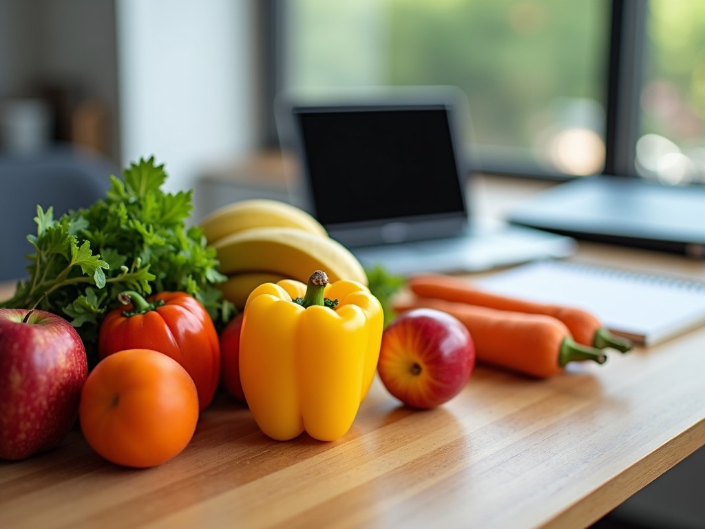 Fruits and vegetables in a work environment, symbolizing healthy eating habits.