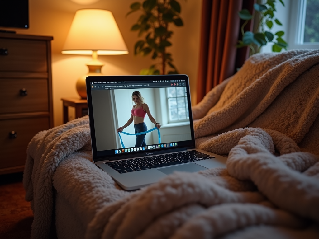 Un colț confortabil cu un laptop care afișează povești motivaționale de slăbire