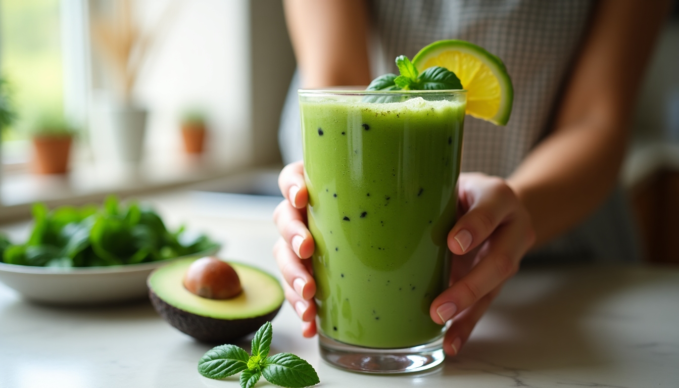 Smoothie verde bogat în nutrienți, reprezentând o alegere alimentară sănătoasă pentru sănătatea mintală