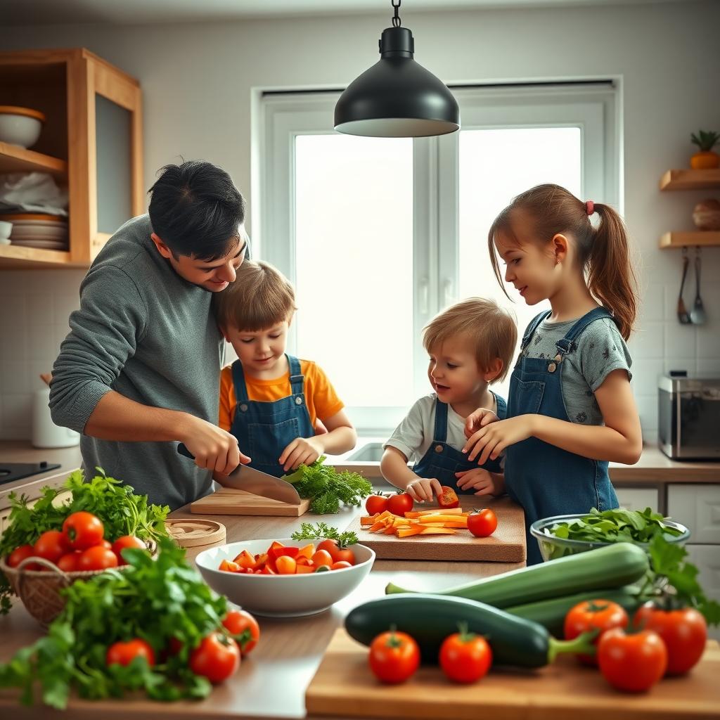 Familie gătind împreună într-o bucătărie caldă, cu părinți și copii tăind legume și pregătind o masă sănătoasă, înconjurați de ingrediente proaspete precum roșii și ierburi.