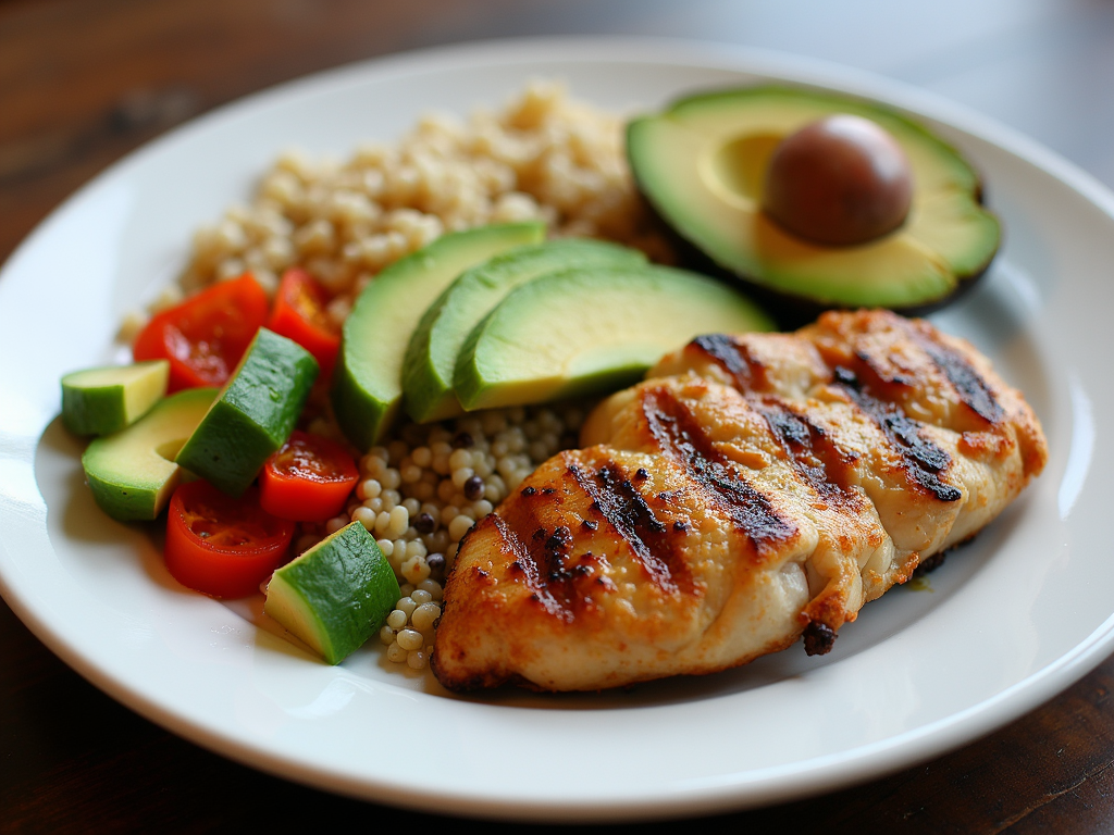 Farfurie colorată cu pui la grătar, quinoa, avocado și o varietate de legume