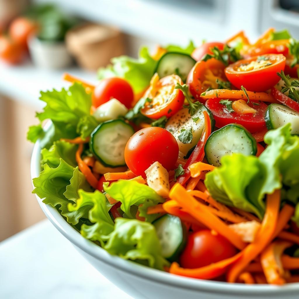 Salată de legume colorată într-un bol de ceramică alb, cu frunze de salată, roșii cherry, felii de castravete, ardei roșu și morcovi rași, stropită cu ulei de măsline și presărată cu ierburi proaspete.
