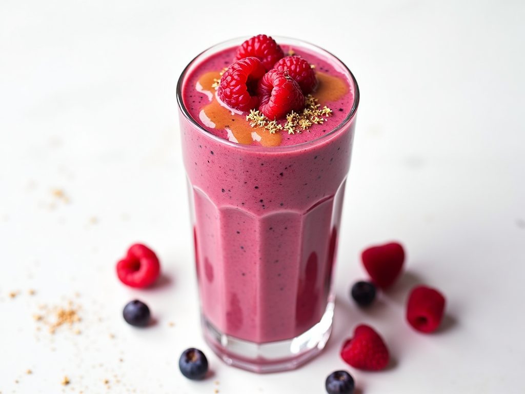 Smoothie roz cu fructe de pădure într-un pahar transparent, decorat cu zmeură proaspătă și miere, pe un fundal alb cu fructe împrăștiate.