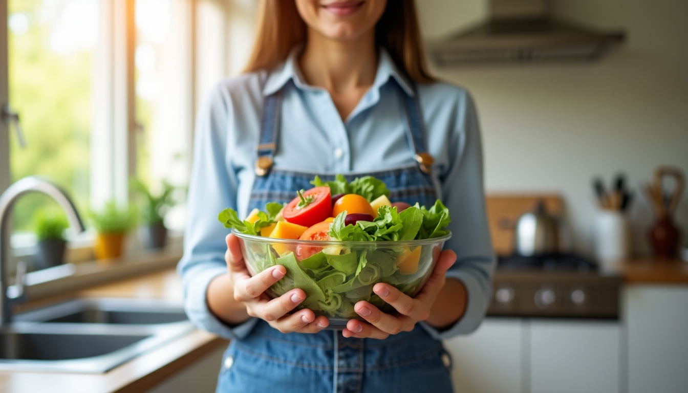 Persoană care ține un bol cu salată colorată, stând într-o bucătărie luminoasă.