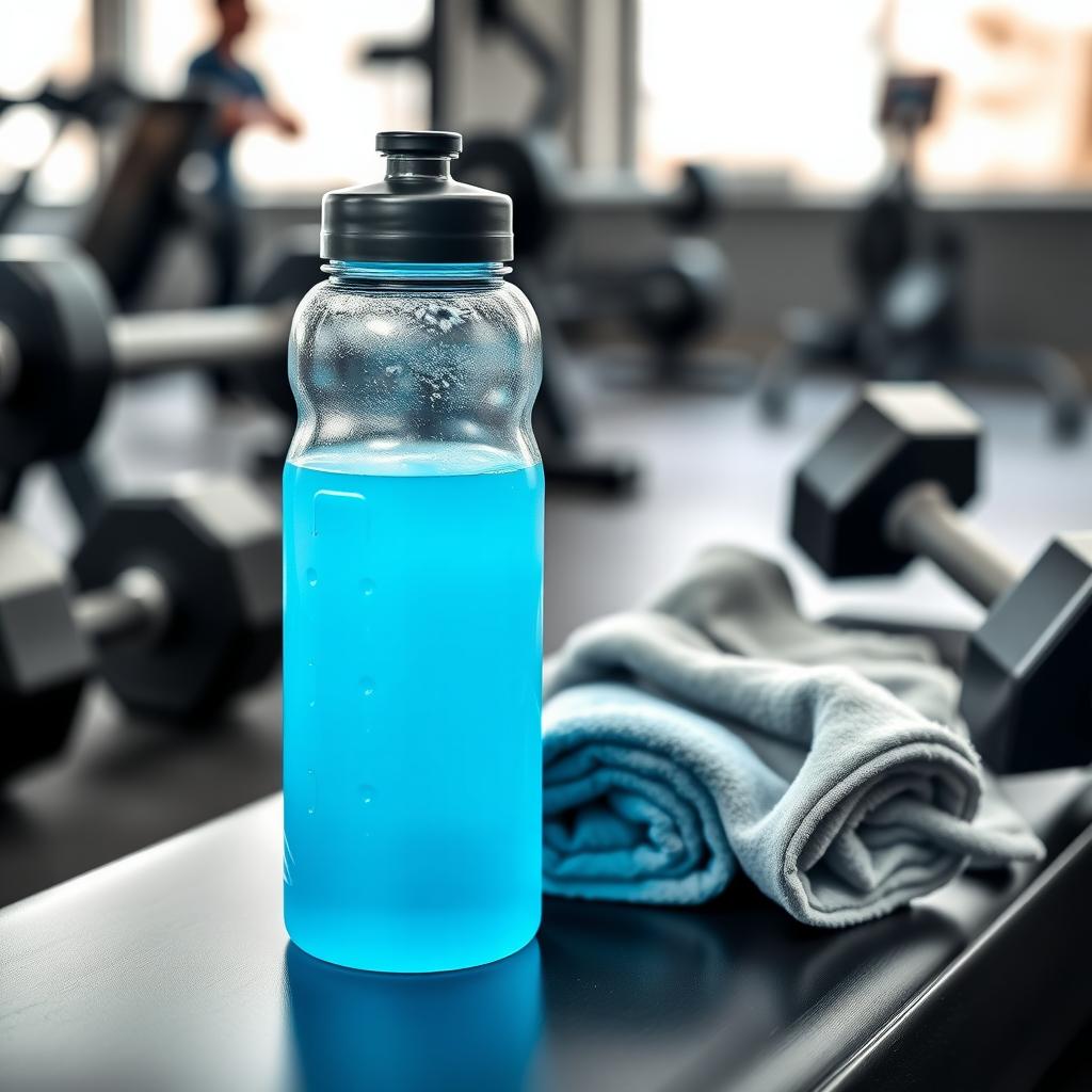 Sticlă de apă sportivă cu băutură izotonică albastră, așezată pe o bancă de gimnastică lângă un prosop și gantere.