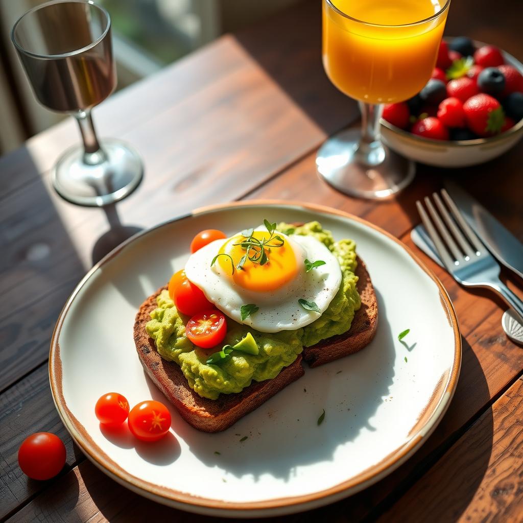 Farfurie cu mic dejun sănătos, cu toast de avocado, ou poșat, roșii cherry și microplante, alături de un pahar cu suc de portocale și un bol cu fructe de pădure.