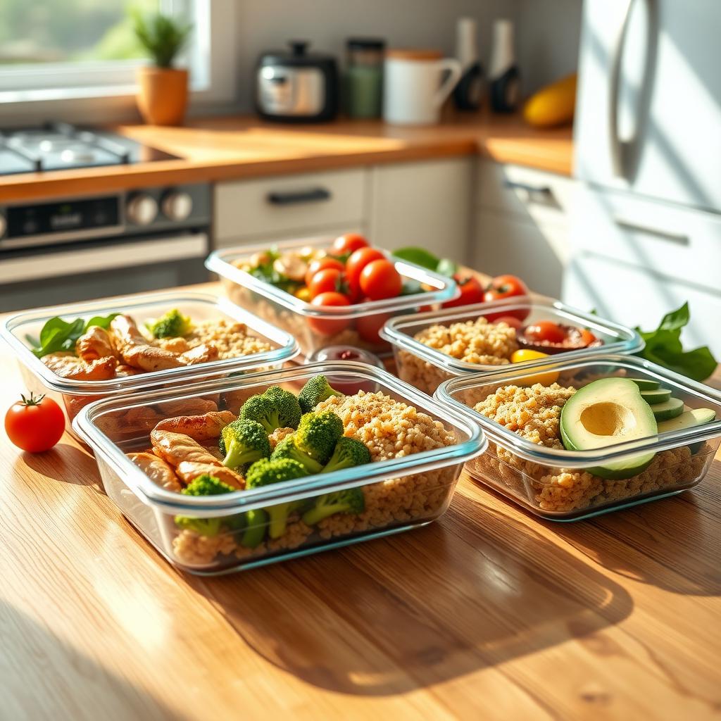 Imagine cu o masă sănătoasă pregătită pe o masă din lemn, cu recipiente care conțin pui la grătar, quinoa, broccoli și avocado feliat, înconjurate de ingrediente proaspete.