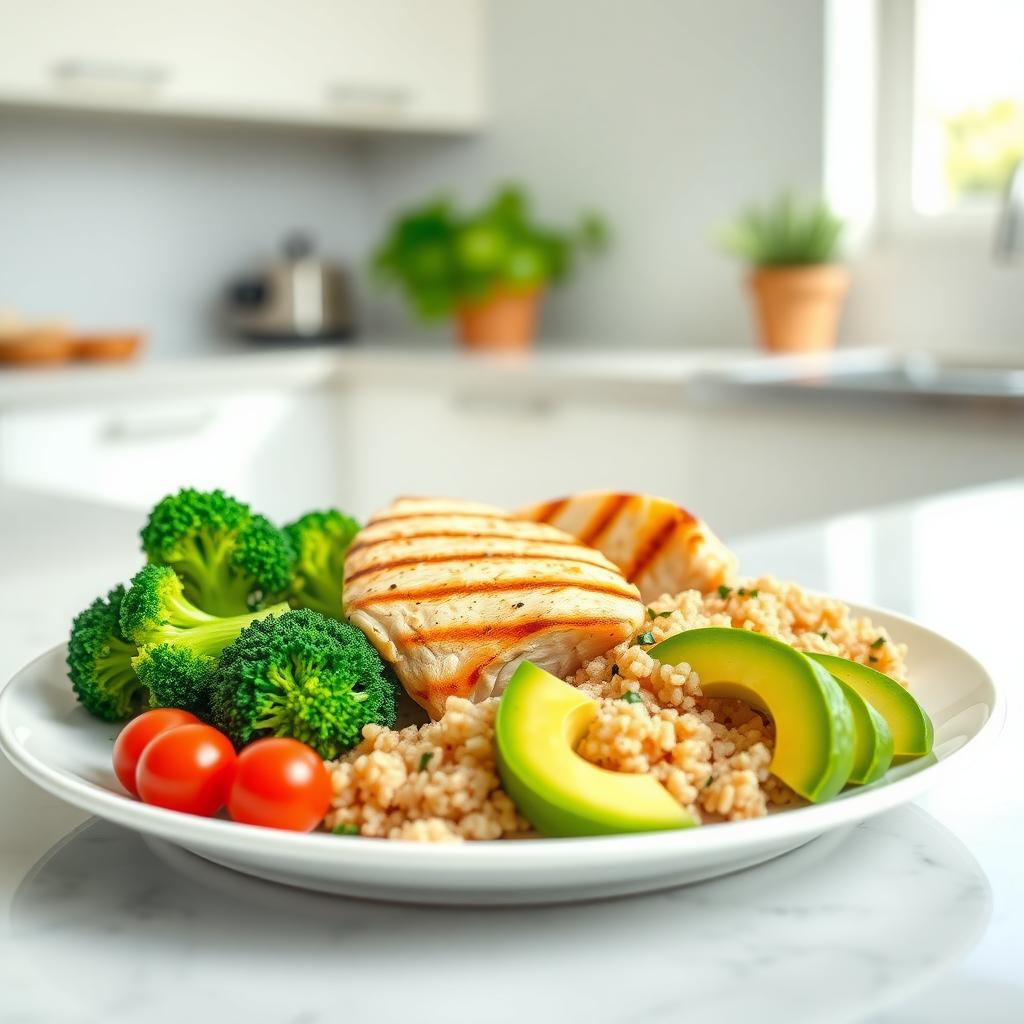 Farfurie cu o masă sănătoasă pentru sportivi, conținând piept de pui la grătar, quinoa, broccoli fiert, avocado și roșii cherry, pe o masă într-o bucătărie modernă.
