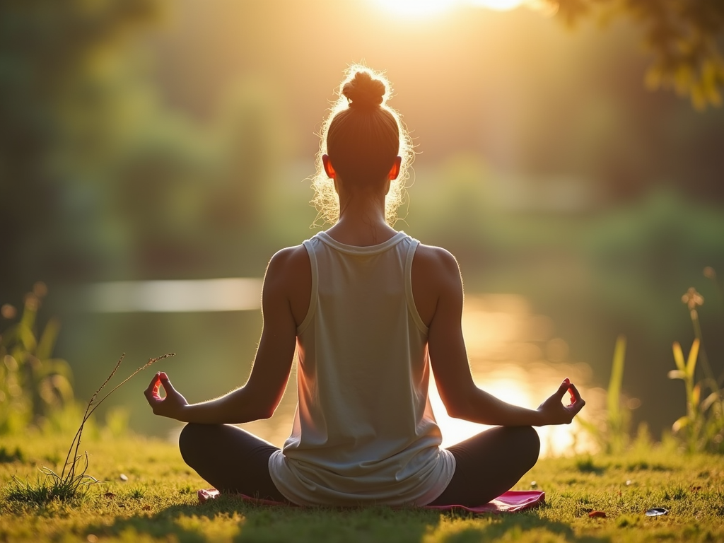 Persoană meditând într-un cadru natural liniștit, simbolizând mindfulness în slăbire