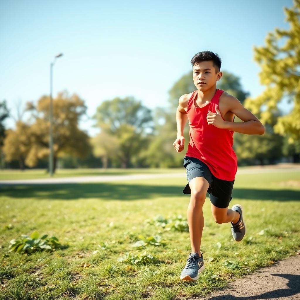 Atlet tânăr sprintând intens într-un parc însorit, purtând un maiou roșu și pantaloni scurți negri.