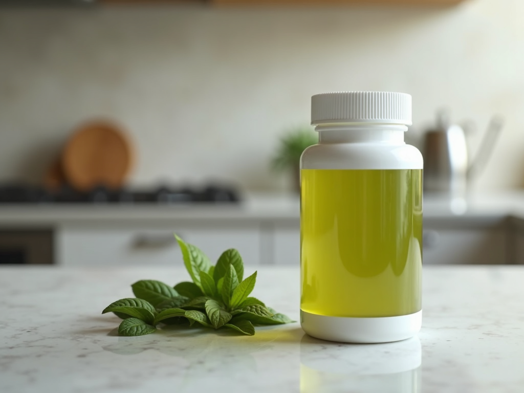 Sticlă de supliment cu extract de ceai verde pe un blat de bucătărie