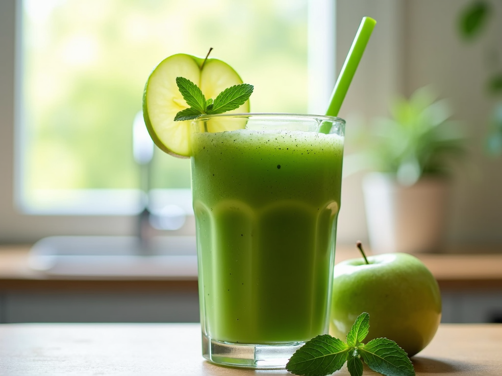 Smoothie verde vibrant într-un pahar înalt cu pai, garnisit cu o felie de măr verde și o crenguță de mentă, pe fundalul unei ferestre însorite de bucătărie.