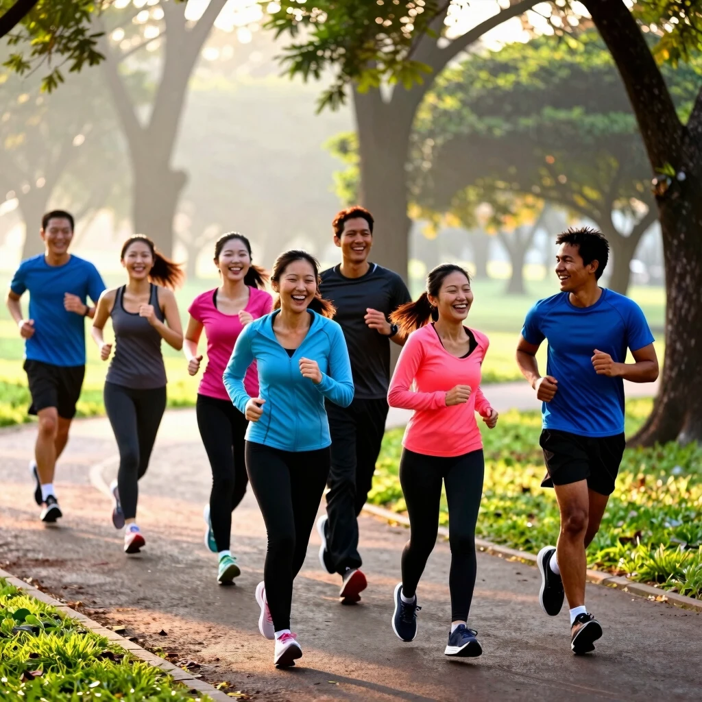 Grup divers de oameni alergând împreună în parc la răsărit, râzând și motivați.