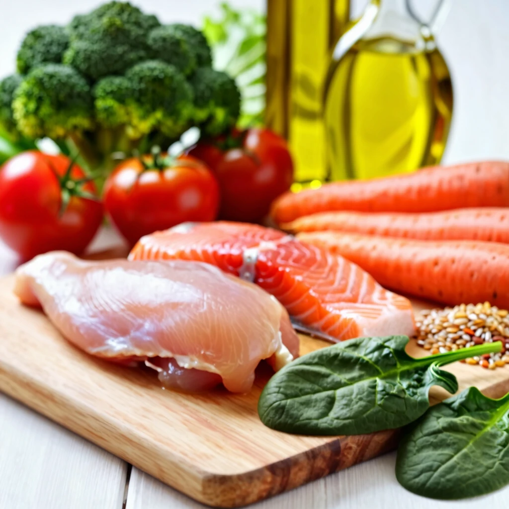 Ingrediente proaspete sănătoase pe un tocător de lemn: legume colorate, proteine slabe și cereale integrale
