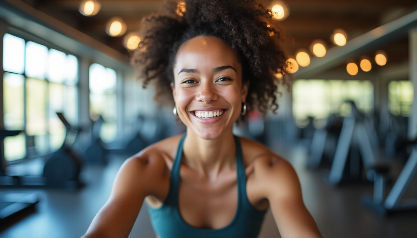 O persoană la sală, zâmbind în timp ce face exerciții fizice, cu aparate de fitness în fundal.