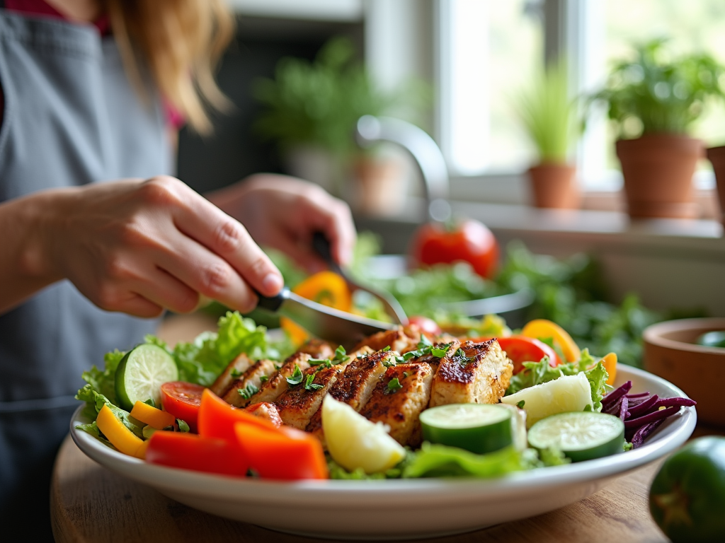 O persoană pregătește o salată colorată cu legume proaspete și pui la grătar într-o bucătărie de acasă, cu lumină naturală care intră pe fereastră.