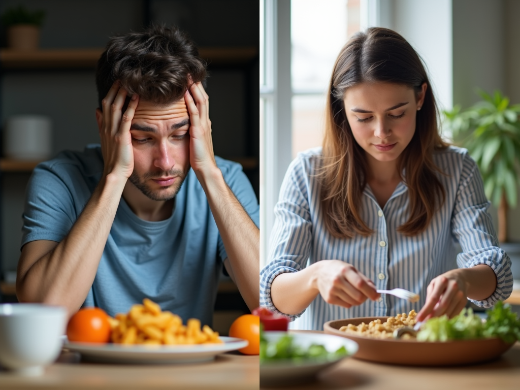 Comparație între alegerile alimentare ale unei persoane odihnite și ale uneia lipsite de somn