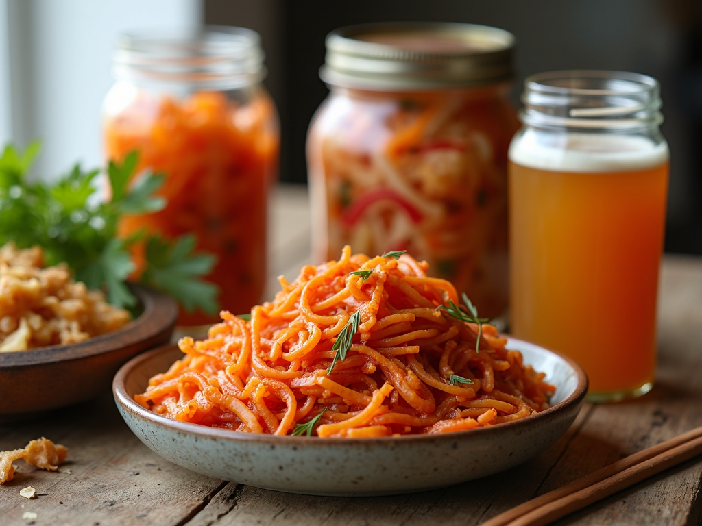 Varietate de alimente fermentate bogate în probiotice.