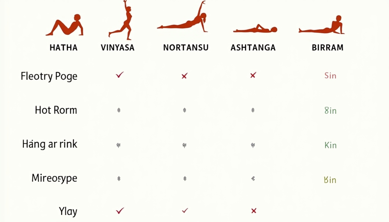 Un grafic comparativ sau o infografică care prezintă diferitele stiluri de yoga, cu icoane sau ilustrații reprezentând fiecare stil. De exemplu, o postură blândă pentru Hatha, o secvență fluidă pentru Vinyasa, o postură puternică pentru Ashtanga, o cameră fierbinte pentru Bikram și o postură relaxată pentru Yin.