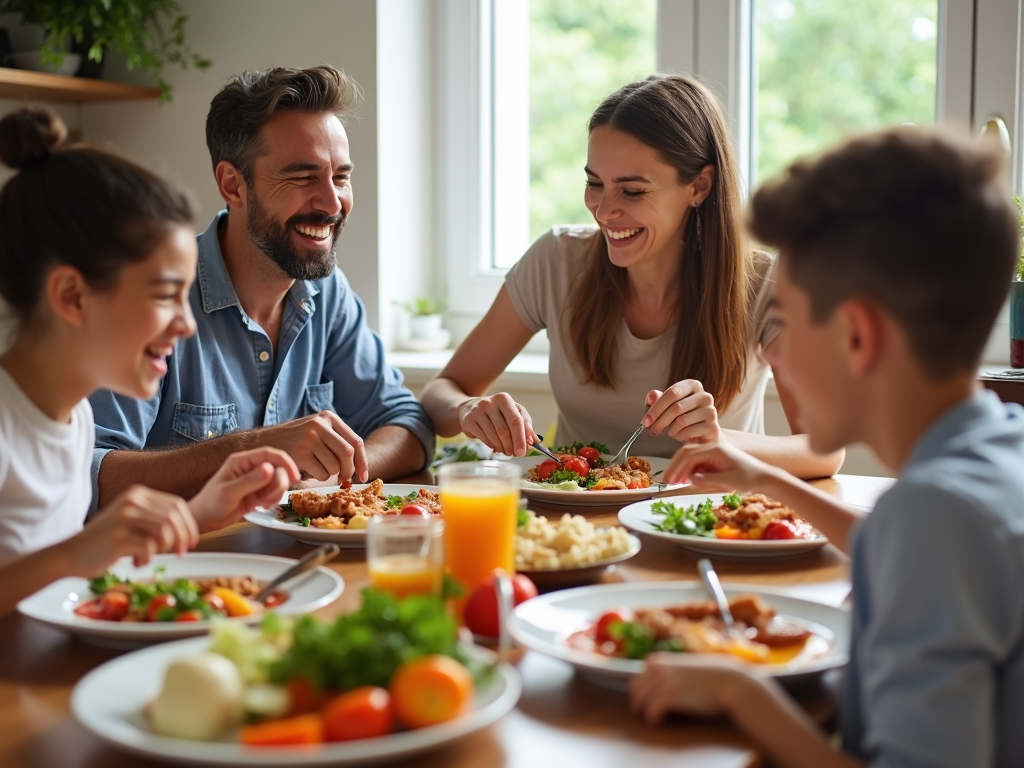 O familie stă la masa de cină, savurând o masă echilibrată cu legume colorate, cereale integrale și proteine slabe, râzând și povestind.