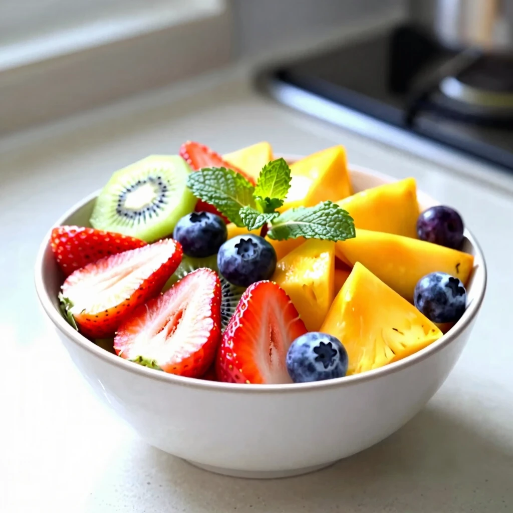 Salată de fructe colorată cu căpșuni, afine, kiwi, mango și ananas