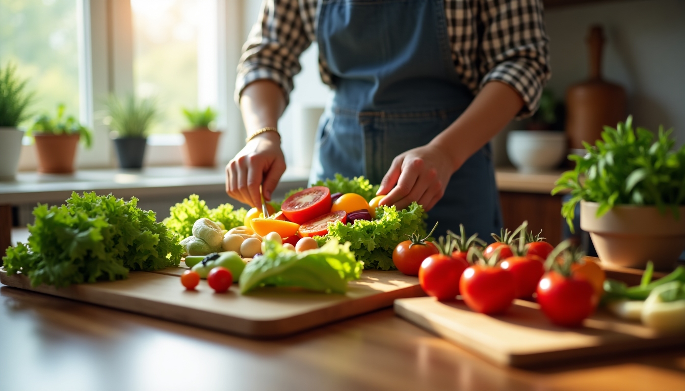 O persoană pregătind o salată proaspătă cu legume colorate