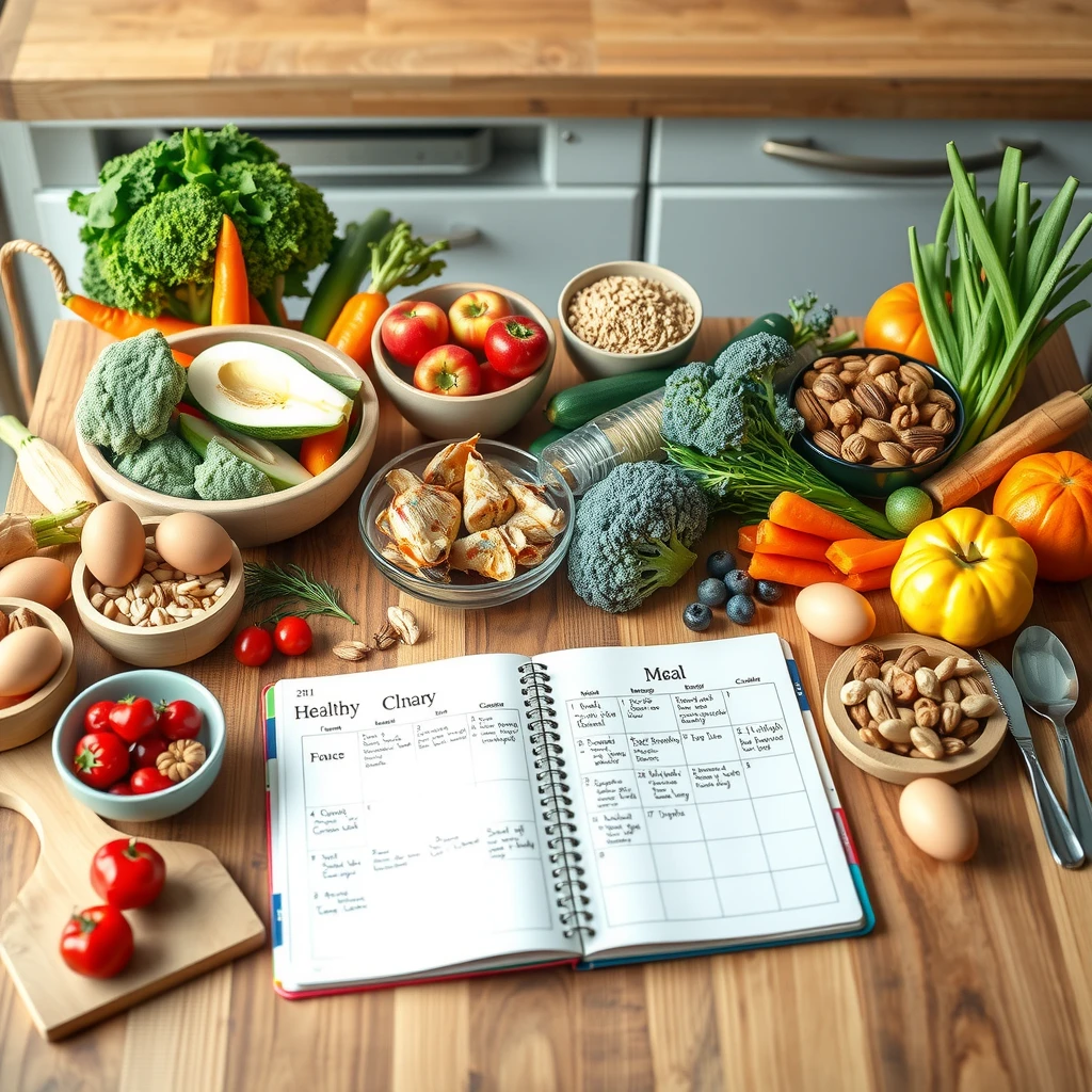 Plan săptămânal de mese sănătoase pe masă cu legume proaspete, fructe și ingrediente naturale