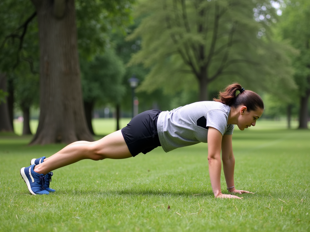 O persoană care face exercițiul plank într-un parc, cu un fundal senin de copaci și iarbă, arătând efort și concentrare.