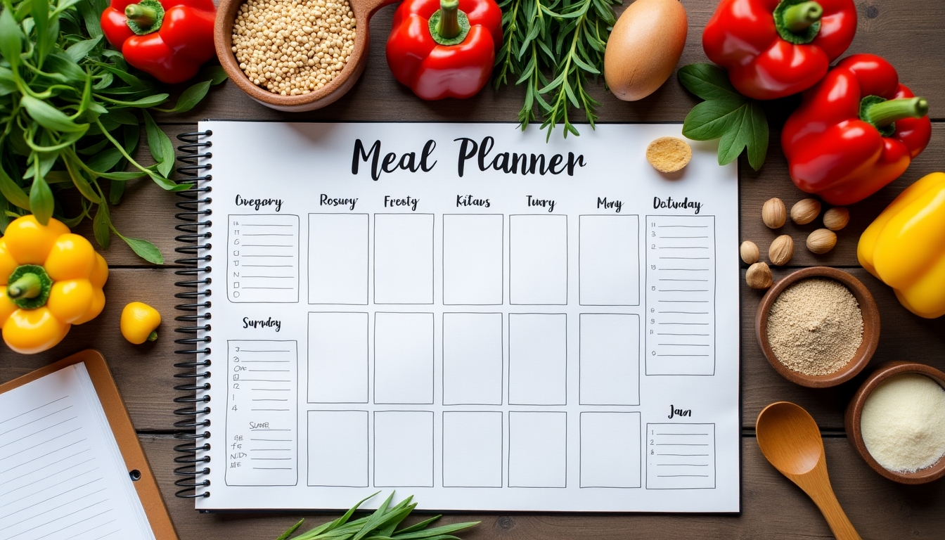 Planificator săptămânal de mese, alături de ingrediente proaspete pe o masă de bucătărie.
