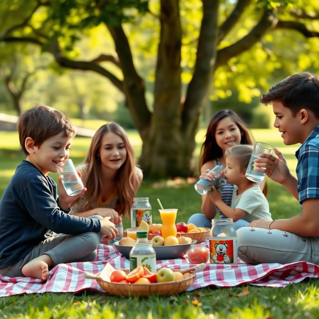 Familie la picnic într-un parc, cu copii bând apă și mâncând fructe proaspete, sub un copac umbros, într-o zi caldă.
