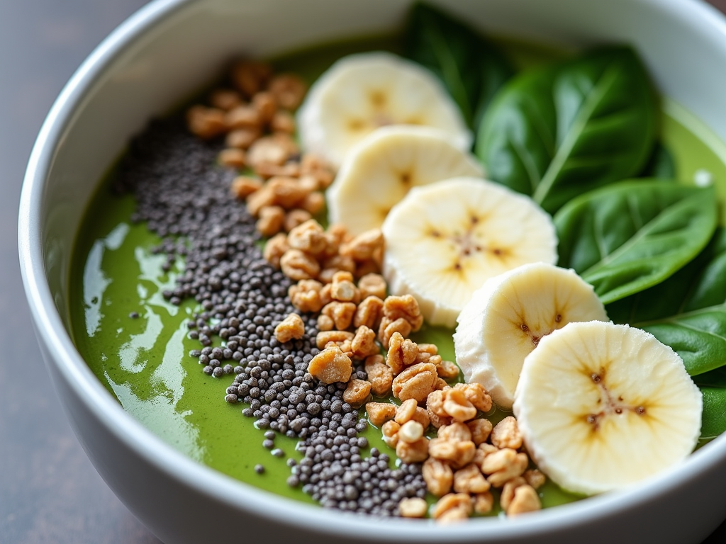 Un bol de smoothie verde cu spanac, banană, semințe de chia și granola.