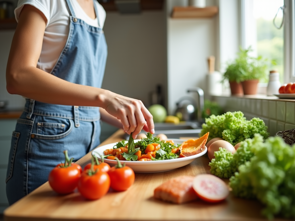 Persoană pregătind o masă sănătoasă cu legume proaspete și proteine slabe