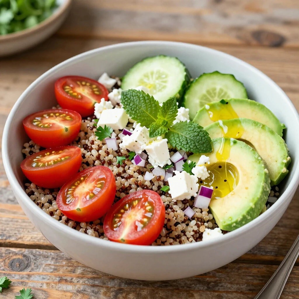 Salată vibrantă de quinoa cu legume proaspete, avocado și brânză feta
