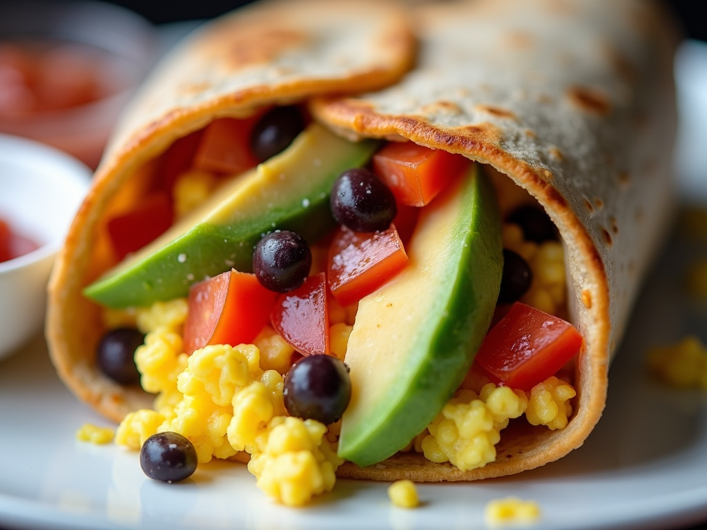 Un burrito de mic dejun umplut cu ouă amestecate, fasole neagră, roșii tăiate cubulețe și avocado, învelit într-o tortilla integrală, cu un sos de salsa alături.