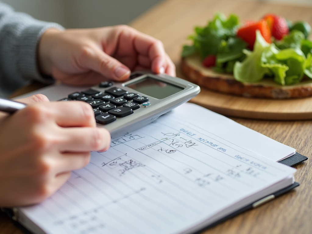 O persoană care calculează necesarul caloric zilnic cu un calculator și un caiet, cu o masă sănătoasă în fundal.