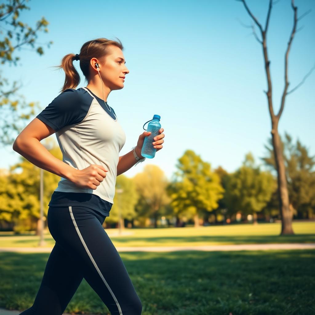 Persoană care aleargă într-un parc dimineața devreme, purtând haine de fitness și căști, cu o sticlă de apă în mână și copaci verzi în fundal.